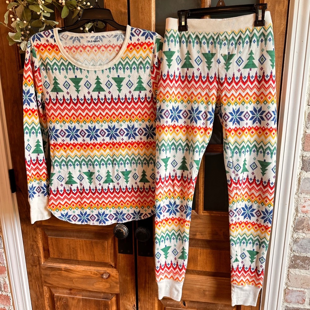 Old Navy Pajama Set Womens Multi Fair Isle Thermal Waffle Knit Christmas Small